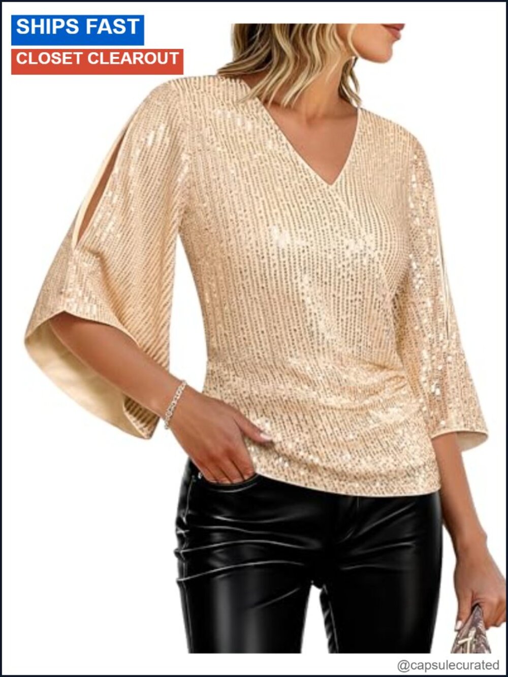 Sequined V-Neck Blouse 3/4 Bell Sleeves Sparkly Party Top Women's Glitter Shirt